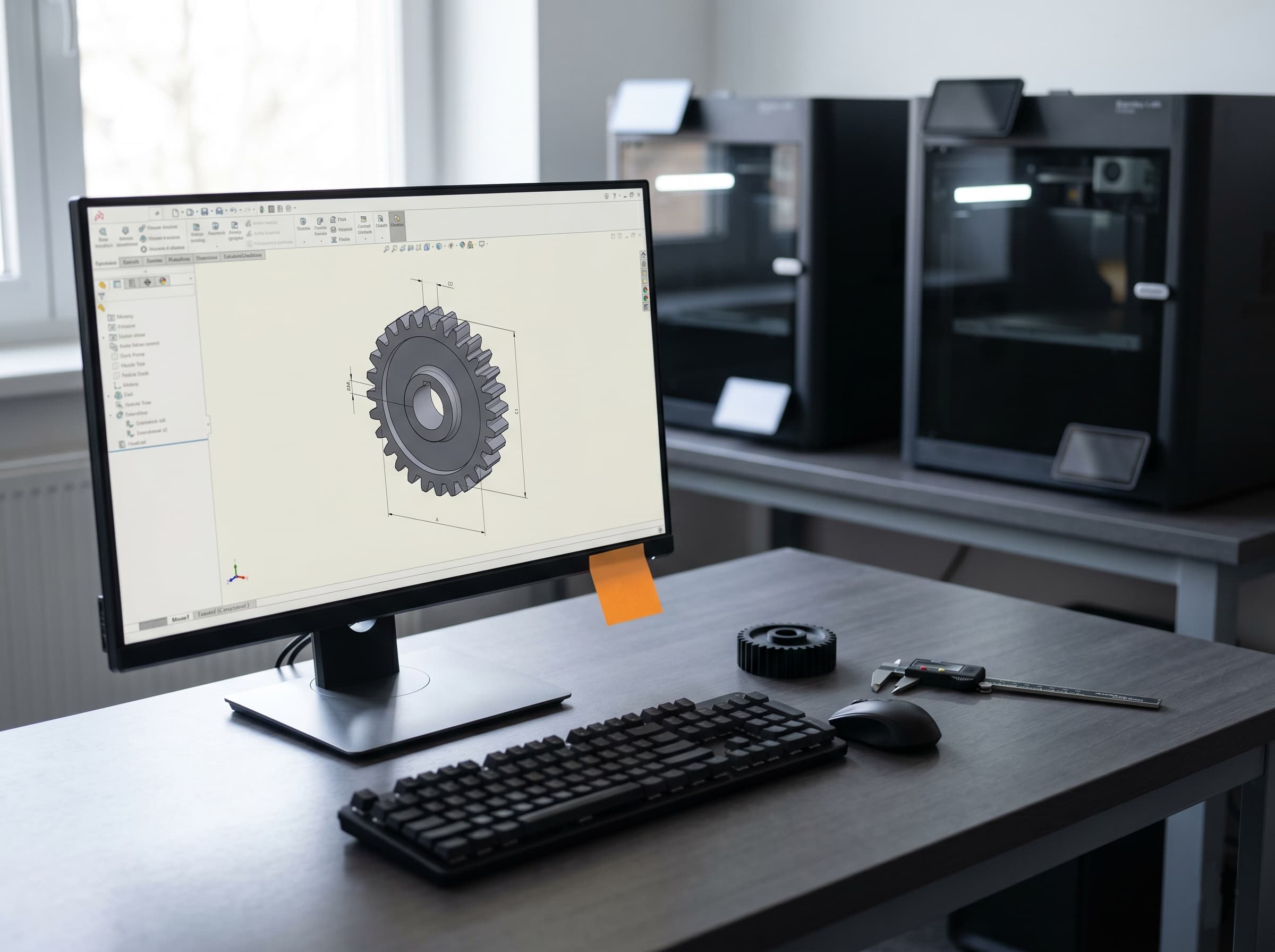 ReBoot Lab design workstation: monitor showing a CAD model of a gear, keyboard, mouse and Bambu Lab FDM printers in the workshop
